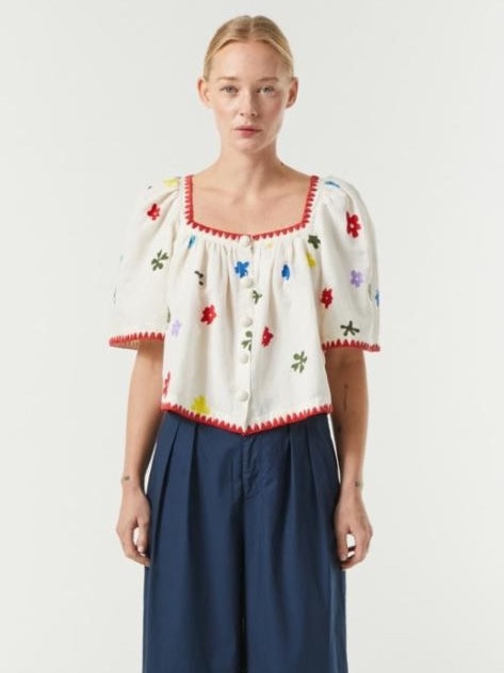Caroline Constas Floral Embroidered Poplin Top Small Bohemian Resort Crop Blouse
